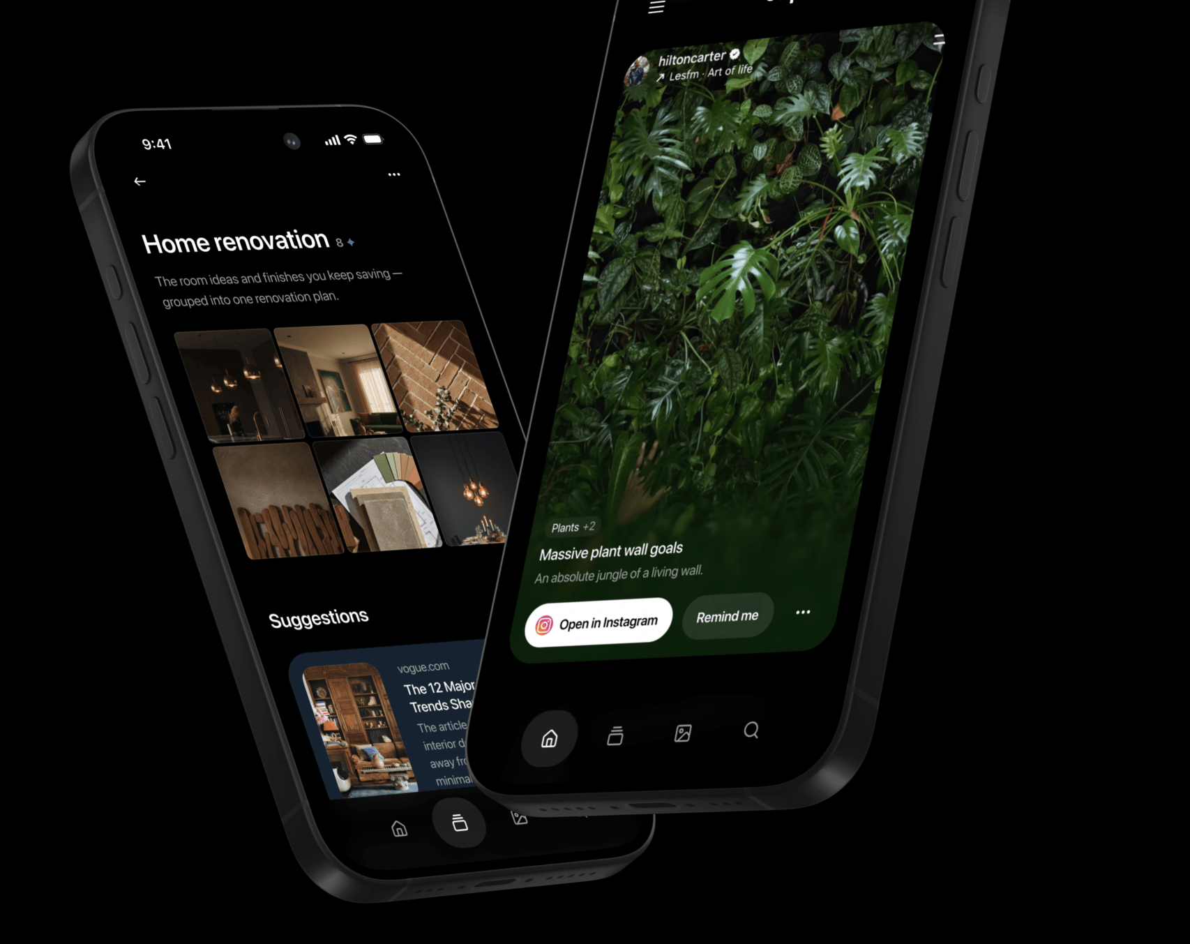 Captr on iPhone showing an organized Home renovation List and a saved plant post ready to act on