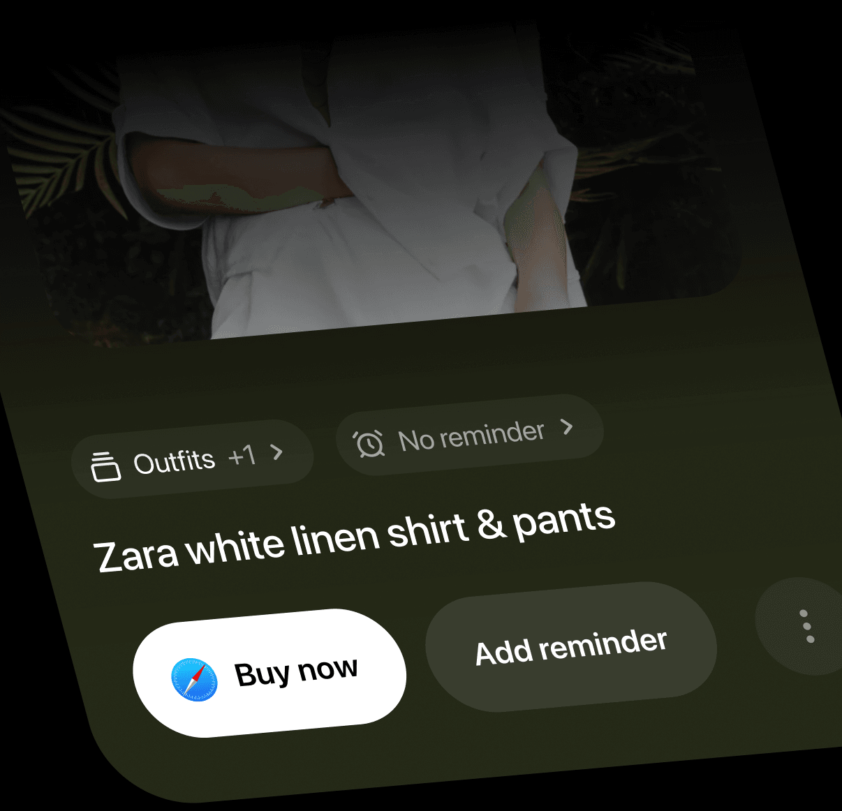 A saved outfit screenshot with Buy now and Add reminder actions
